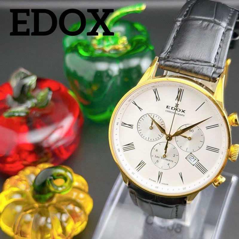 Edox 10408 43.4mm Mens Quartz Chronograph Watch White Gold Silver Black