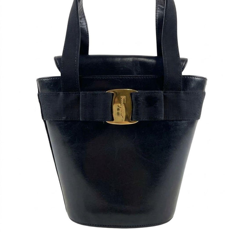 Salvatore Ferragamo Vara Ribbon Bucket Bag Black Leather Gold 6.5x8.3x3.3in