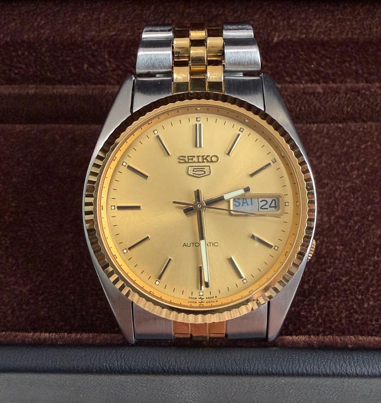 Seiko 5 Automatic 7009-3110 Stainless Steel 36mm Gold Dial Fluted Bezel Watch