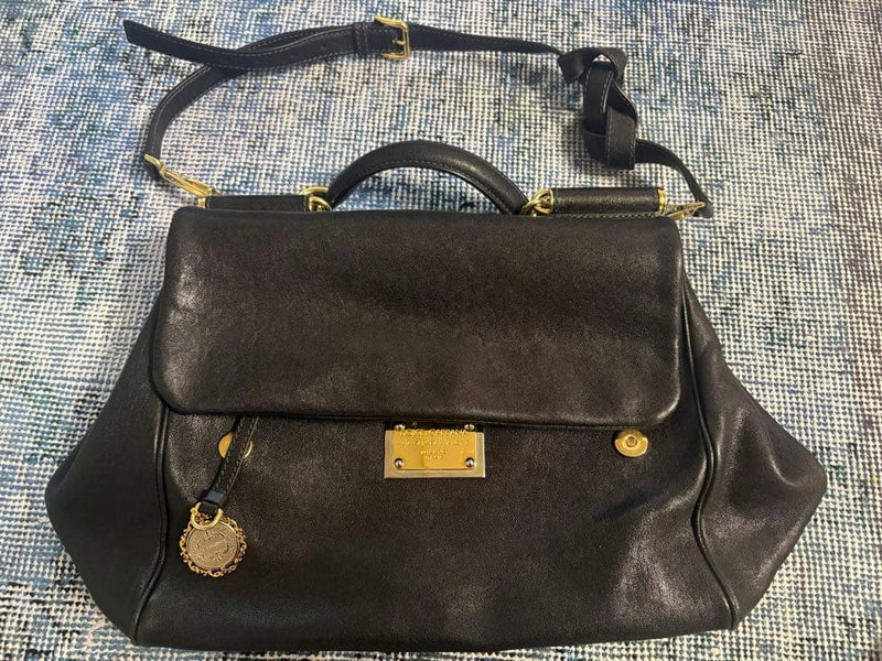 Dolce & Gabbana Leather Handbag Black Gold Tone Hardware Leopard Print Flap