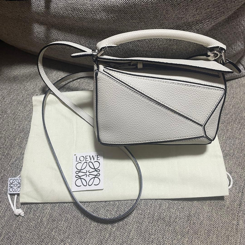LOEWE Puzzle Mini Calfskin Beige White Gold Top Handle Bag 18cm W 12cm H 8cm D