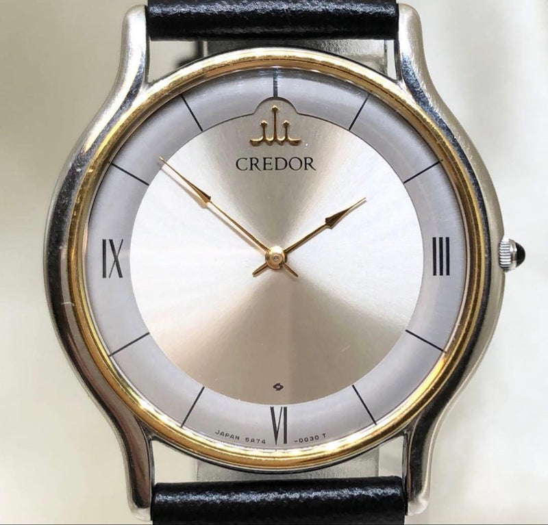 SEIKO CREDOR 5A74-0020 Quartz Watch 33mm Silver Dial Black Leather 18K Gold
