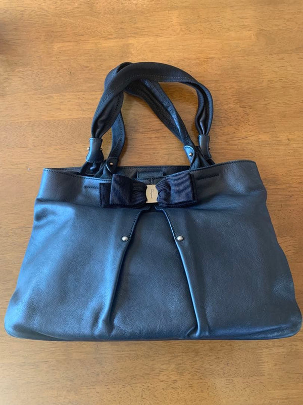 Salvatore Ferragamo Gancini Pebbled Leather Black Top Handle Handbag Ribbon