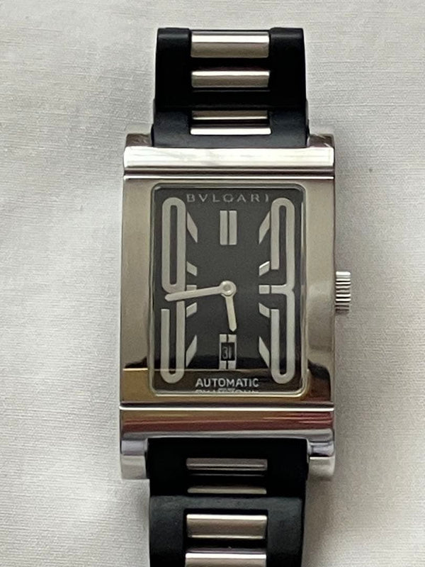 BVLGARI Rettangolo Automatic Mens Watch Black Dial Metal Rubber Square Case
