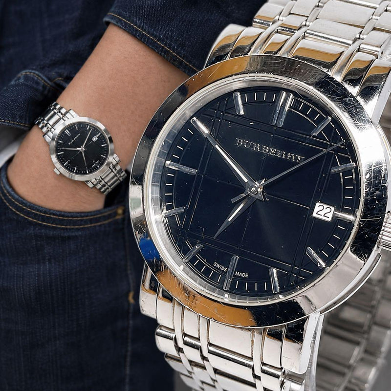 BURBERRY BU1364 Mens Quartz Silver Tone Watch 37.9mm Black Nova Check Dial