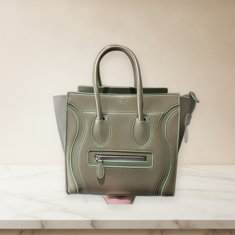 Celine Luggage Micro Handbag Calfskin Greige Bright Green Piping Tote Bag