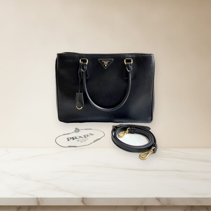Prada Saffiano Lux Galleria BN1874 2-Way Tote Handbag Black Leather