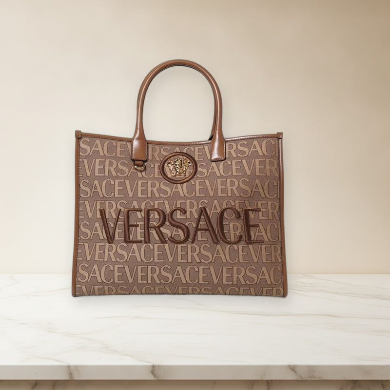 Versace Jacquard Canvas A4 Handbag Tote Shoulder Bag Brown