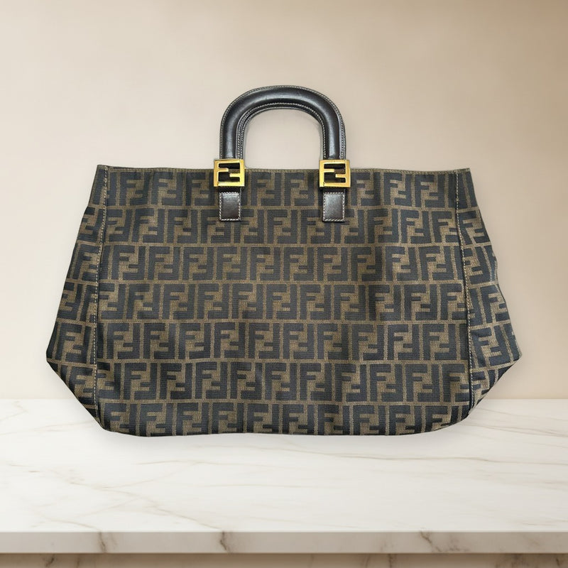 Fendi Ff Logo Handbag Canvas Leather Brown Black Studded Bottom Tote Bag