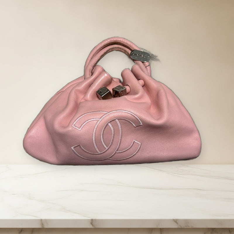 Chanel Logo Embroidery Shoulder Bag Handbag Pink Leather