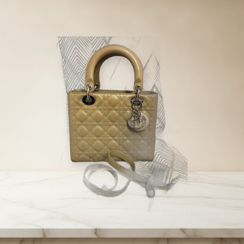 Dior Quilted Handbag Beige Leather Cd Logo Charm