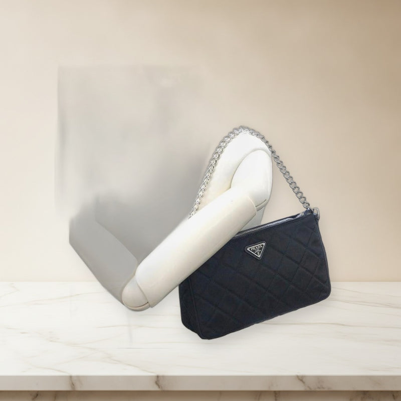 Prada Tessuto Impuntu Shoulder Bag Nero Nylon Leather Silver Hardware
