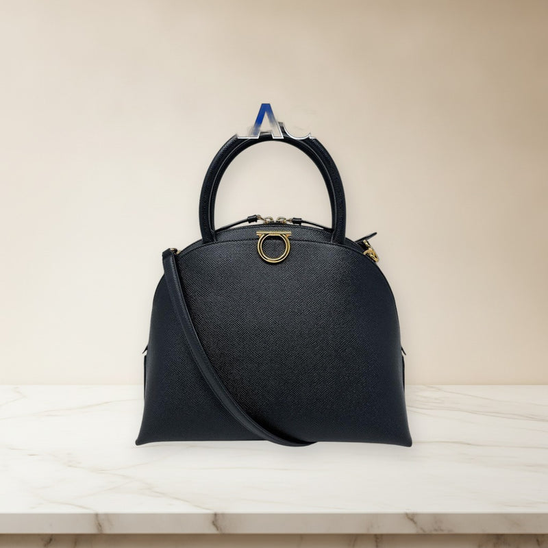Salvatore Ferragamo Gancini 21 0428 Top Handle Handbag Leather Black Gold