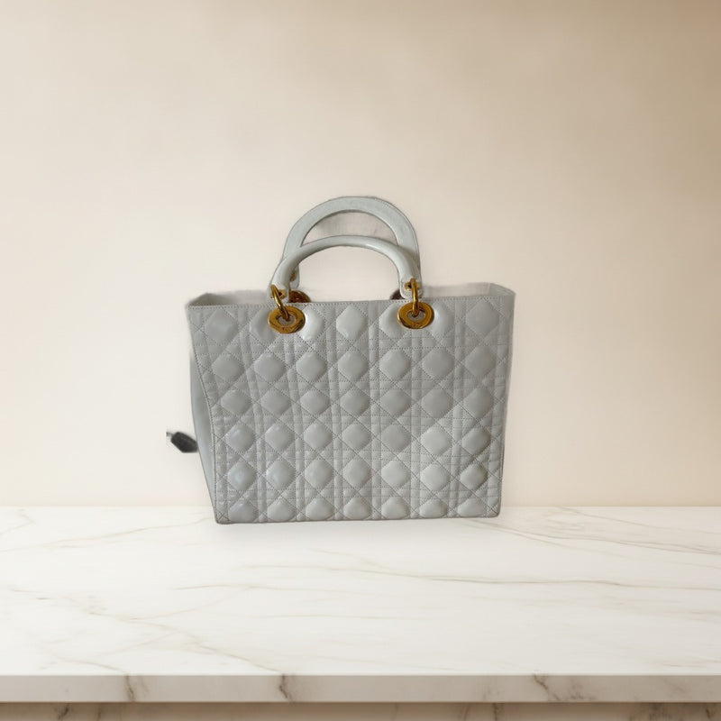 Lady Dior Large Gold Hardware Tote Bag White Ivory Leather