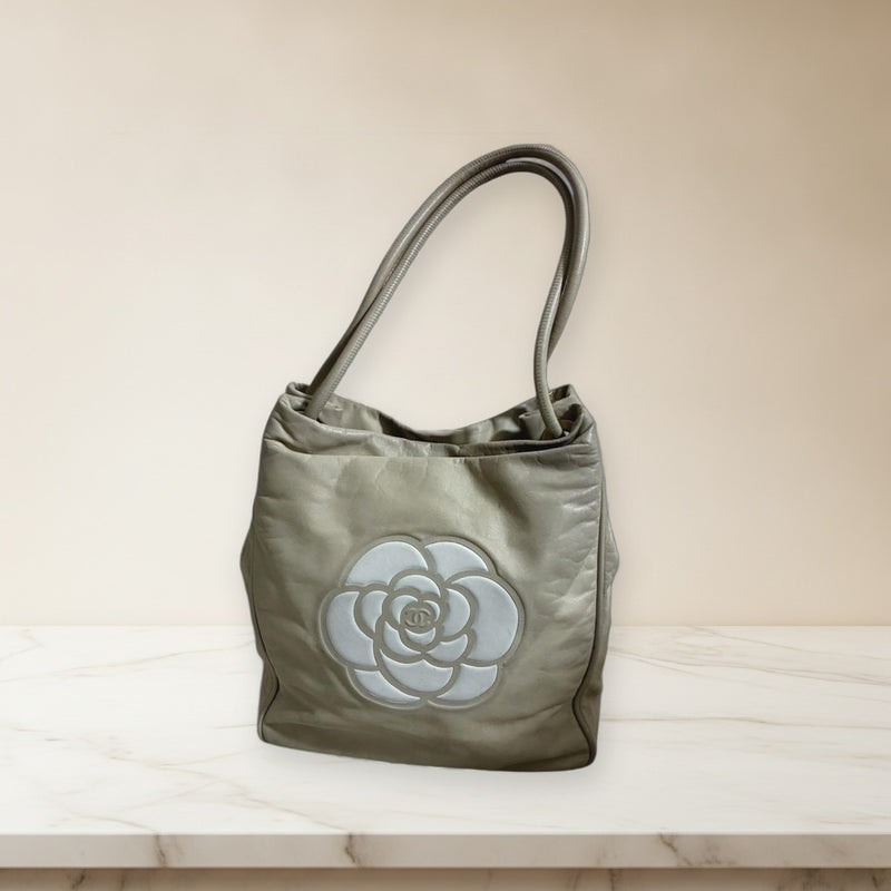Chanel Camellia Tote Bag Calfskin Beige Gold Hardware Handbag Shoulder