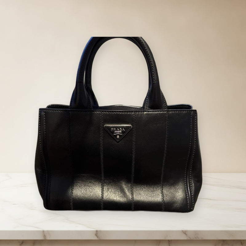 Prada Canapa Pm 2way Handbag Tote Shoulder Bag Calfskin Black Silver Hardware