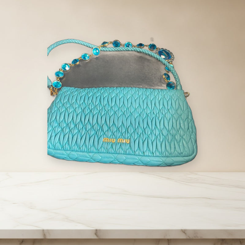 Miu Miu Nappa Crystal Shoulder Bag Matelassé Turquoise Blue Leather