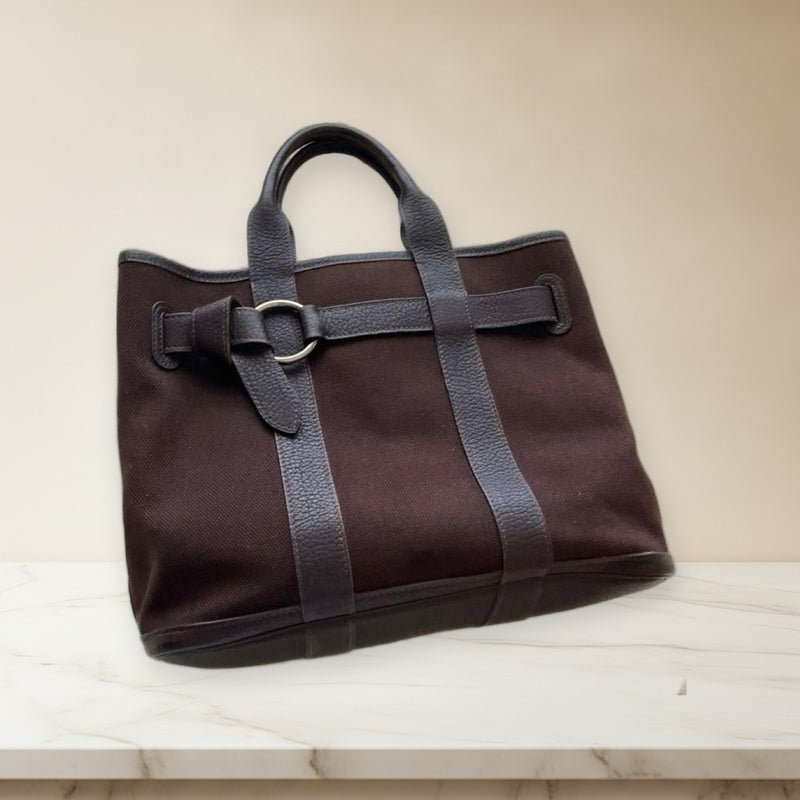 Hermes Petite Ceinture Tote Bag Canvas Leather Dark Brown Handbag