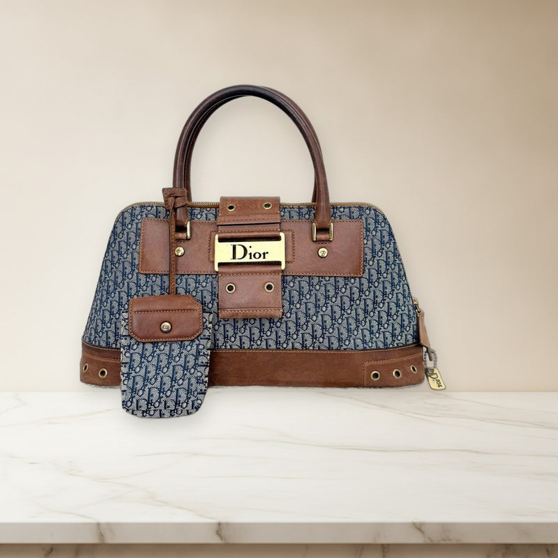 Christian Dior Street Chic Mini Boston Handbag Navy Brown Leather Gold Hardware