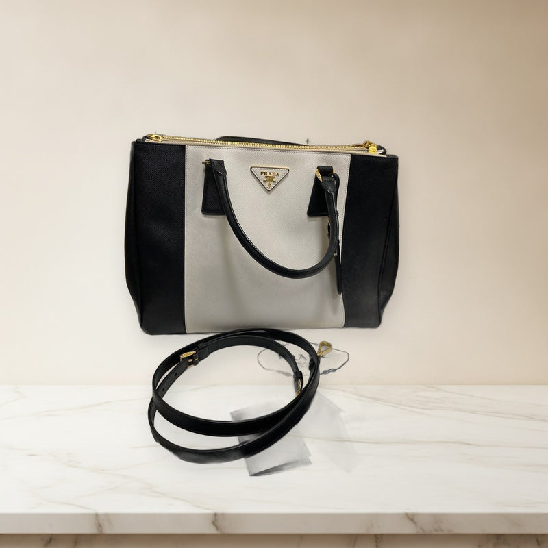 Prada B22747C Saffiano Lux Bicolor Leather Handbag Shoulder Bag Nero Talco