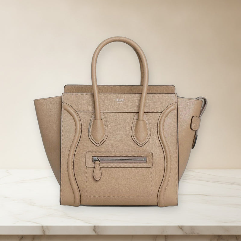Celine Luggage Micro Handbag Drummed Calfskin Dune Beige Cowhide Leather