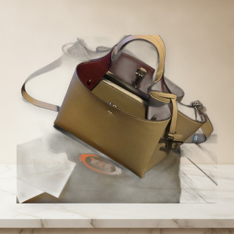 Tods Tote Bag Handbag Leather Beige Wine