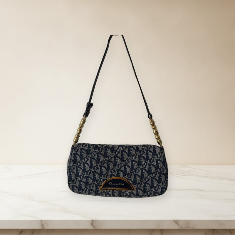 Christian Dior Logo Design Shoulder Bag Navy White Beaded Strap