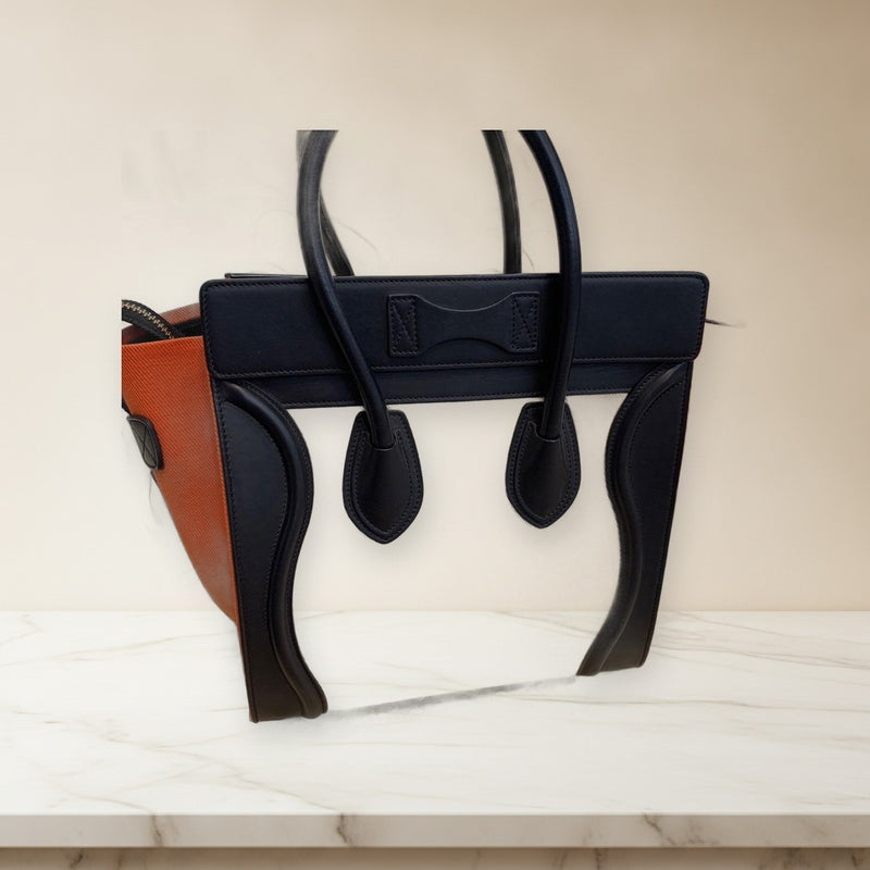 Celine Luggage Micro Shopper Handbag Canvas Leather Black Orange Ivory Gold
