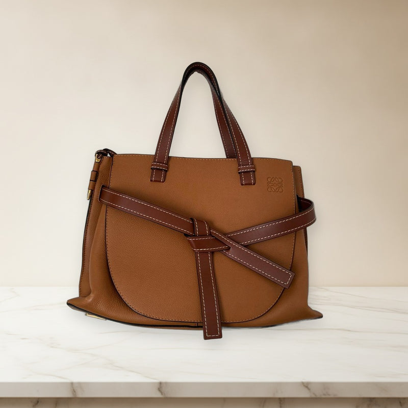 Loewe Gate Top Handle Handbag Brown Leather Knot Design Double Handle