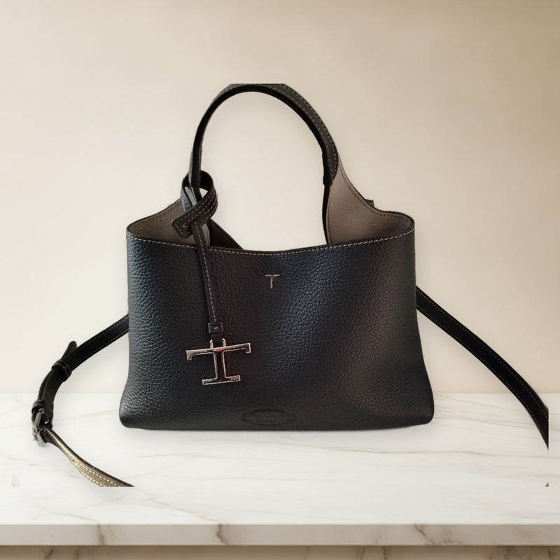 Tods T Logo Tote Bag Leather Navy Blue Handbag Shoulder Strap