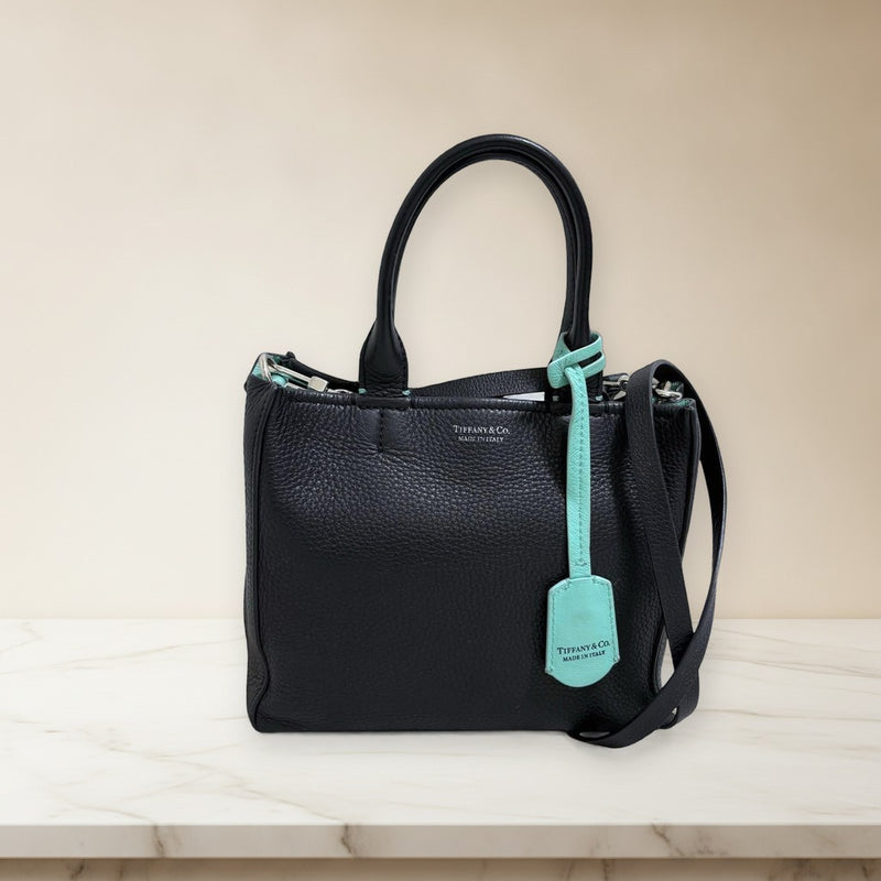Tiffany Co. Micro Tote Bag 2-Way Crossbody Leather Black Tiffany Blue