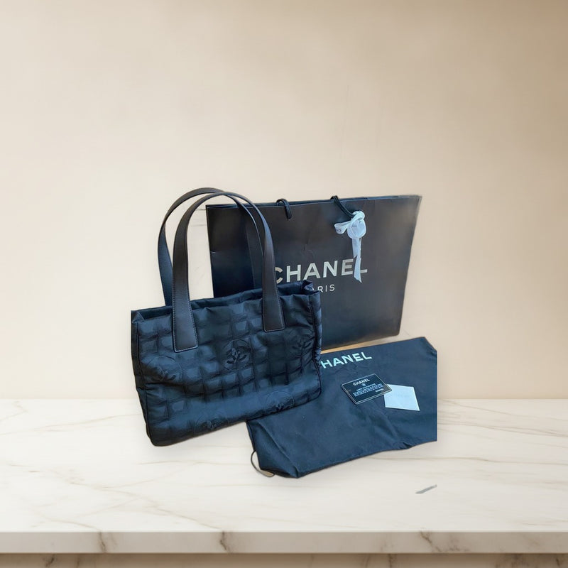 Chanel Travel Line Pm Tote Bag Nylon Black Handbag