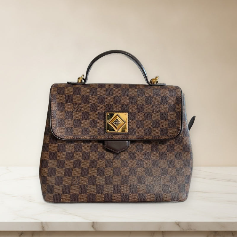 Louis Vuitton Damier Bergamo Handbag Brown Leather Gold Hardware