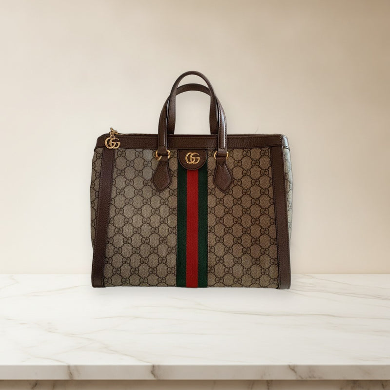 Gucci Ophidia Gg Medium Tote Bag Canvas Leather Pvc Beige Brown Gold Hardware