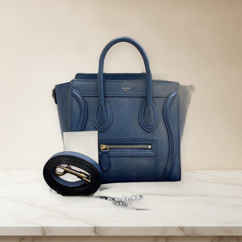 Celine Luggage Nano 189243 DRU.07OZ Handbag Drummed Calfskin Navy Gold Hardware