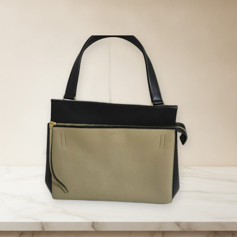 Celine Edge Handbag Shoulder Bag Leather Beige Black
