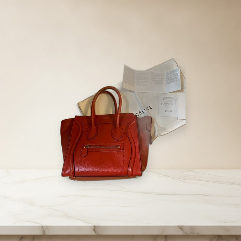 Celine Luggage Micro Handbag Calfskin Red Tote Shoulder Bag