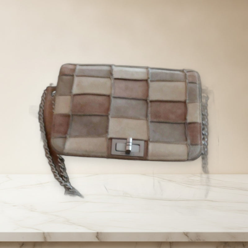 Chanel Patchwork Design Handbag Suede Shoulder Bag Beige Silver Hardware