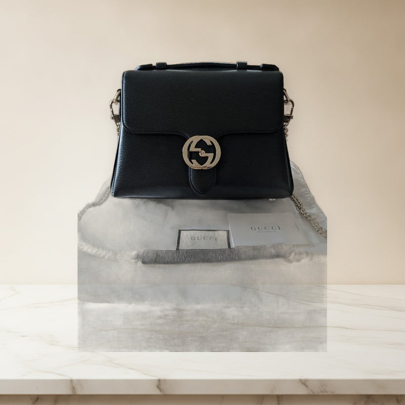 Gucci Handbag Shoulder Bag Black Leather Gg Logo Chain Strap