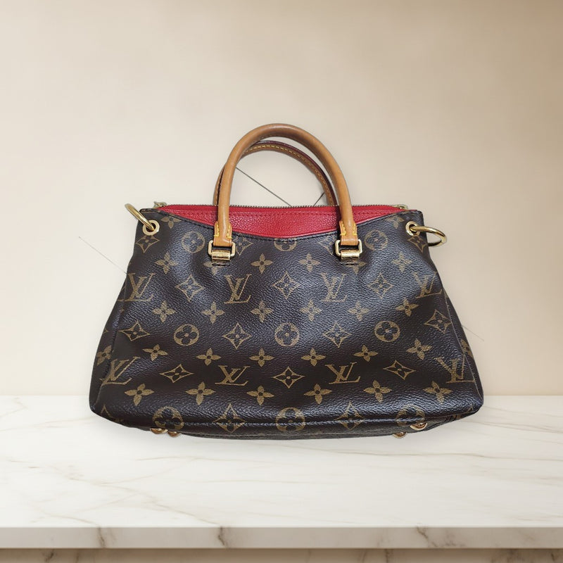 Louis Vuitton Monogram Handbag Leather Brown Red Gold Hardware