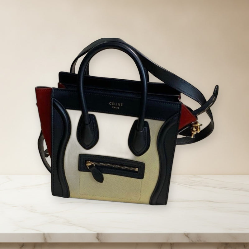 Céline Luggage Nano Handbag White Black Bicolor Grained Leather Shoulder Bag