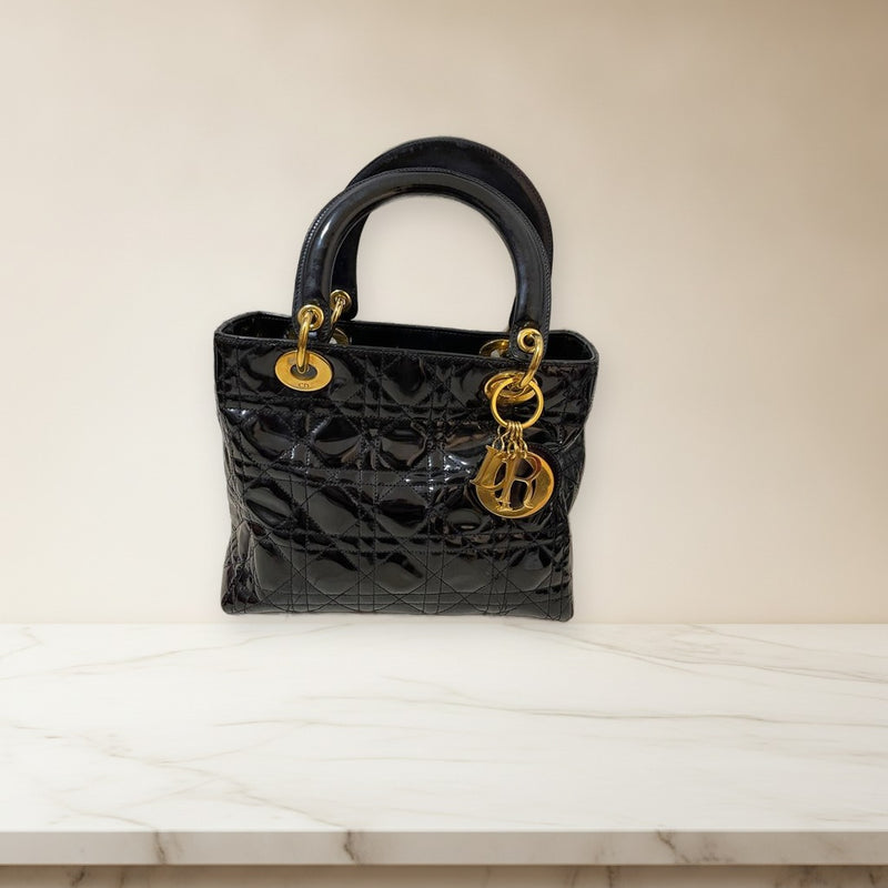 Dior Lady Dior Handbag Black Patent Leather Shoulder Bag