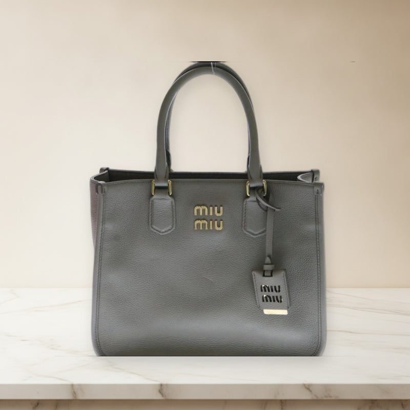 Miu Miu Vitello Daino 5BA249 2-Way Handbag Shoulder Bag Leather Beige Gray