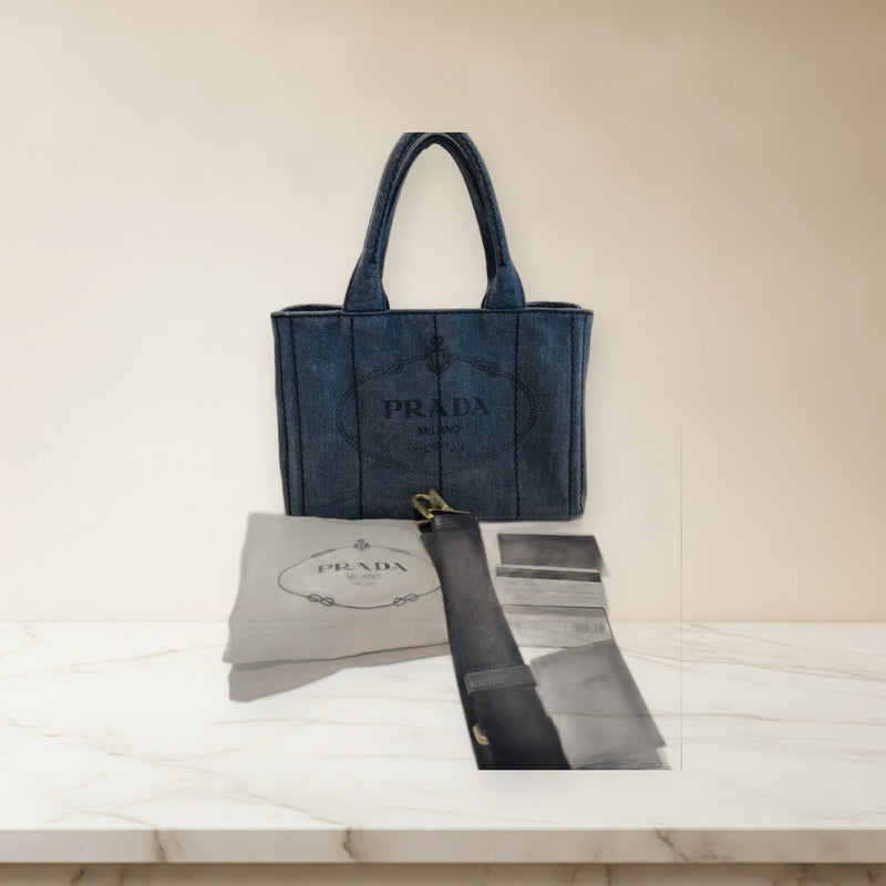 Prada Canapa Tote Bag Canvas Denim Shoulder Strap Handbag