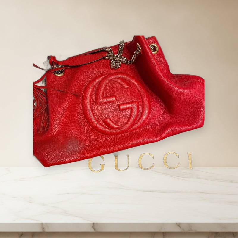 Gucci Soho Interlocking G Tote Bag Red Calf Leather Gold Chain Strap