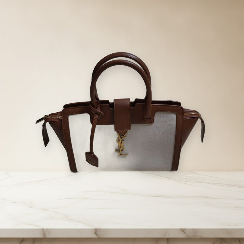 Yves Saint Laurent Baby Downtown Handbag Tote Bag Canvas Leather Brown Ivory