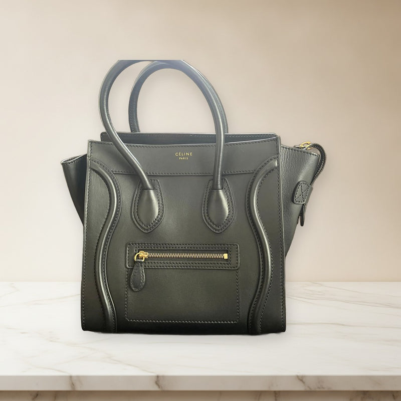 Celine Luggage Micro Handbag Black Leather Gold Hardware Tote Shoulder Bag