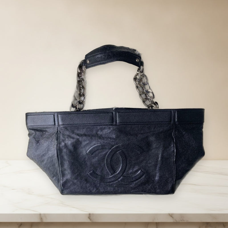 Chanel Caviar Skin Coco Mark 10 Series Shoulder Tote Bag Black Leather Silver