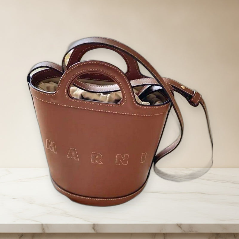 Marni Tropicalia Shoulder Bag Calf Leather Brown Cotton Lining