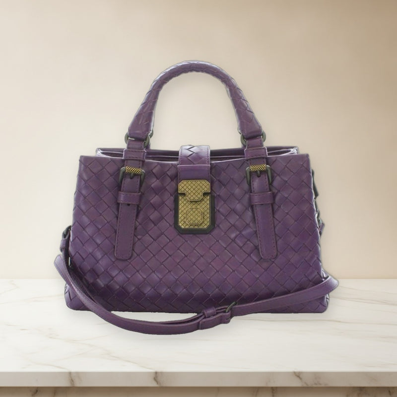 Bottega Veneta Roma Intrecciato 489509 Handbag Shoulder Bag Purple Leather